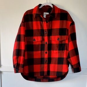 Zara Red and Black Buffalo Plaid Button-Front Shirt Jacket